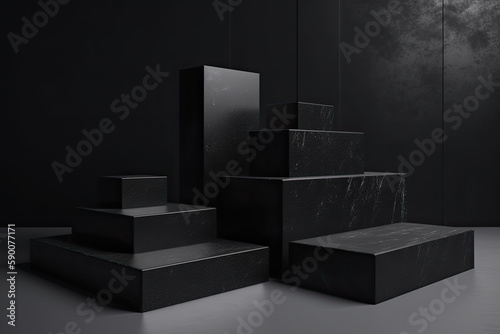 Blank step podium display black granite set collection 3D render minimalist concept