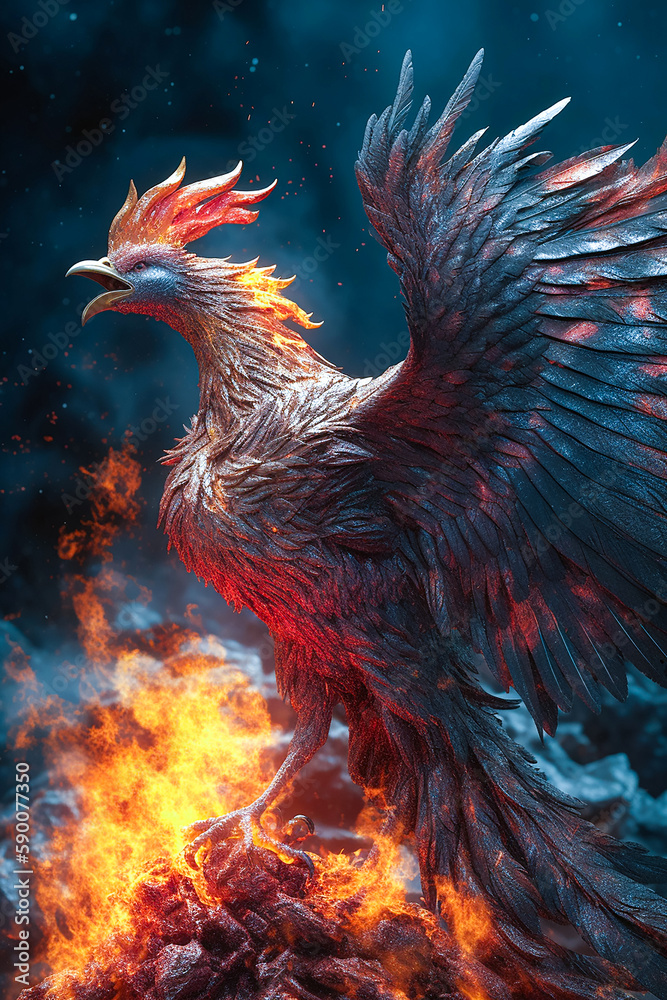 Phoenix Rising From A Pile of Ash. Generative AI.