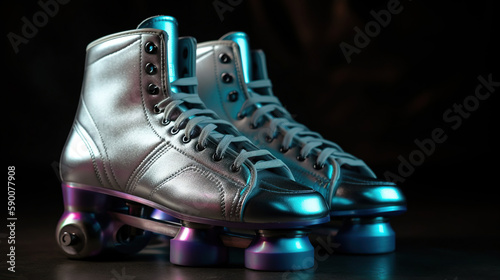 close up of feet wearing colorful 80's roller skates - AI generative. Generative AI