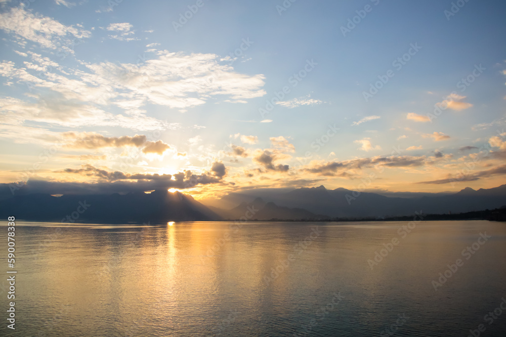 Landscape of the Mediterranean sea with mountains in the distance during the sunset, Antalya, Turkey