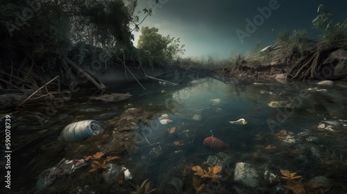 Lake Heavy Pollution Garbage Toxic Waste Environmental Concern Generative AI © Aruni