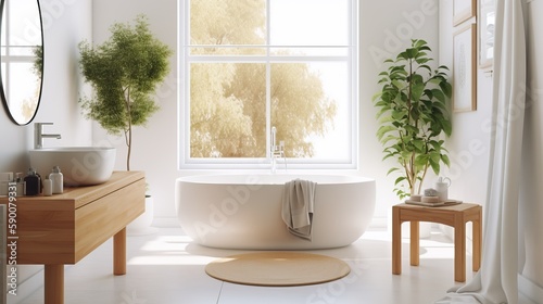 Minimalist Bright Modern Bathroom Interior Natural Elements Design Generative AI © Aruni