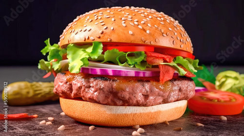 Delectable hamburger that is bursting with flavor. Burger made of beef and pork, with cheese, lettuce, tomato, and onions. Generative AI