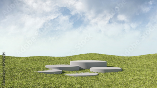 Five empty cylindrical white concrete podiums on grass field and cloudy sky background