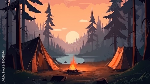 A campsite with a tent and a campfire in the forest. Summer landscape in nature. Generative AI