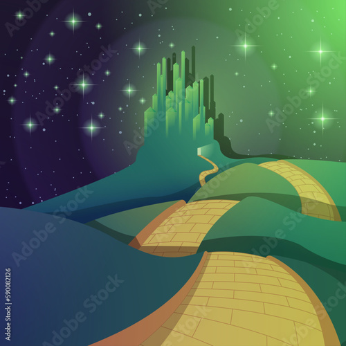 Vászonkép A magical green castle under a starry sky