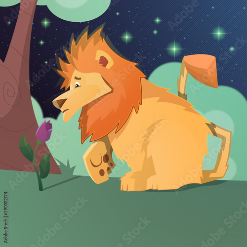 A lion smelling a flower under a starry sky