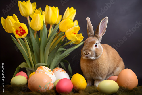 Easter bunny with yellow tulips flowers and painted easter eggs on dark background. Holiday concept with cute rabbit. AI generated.