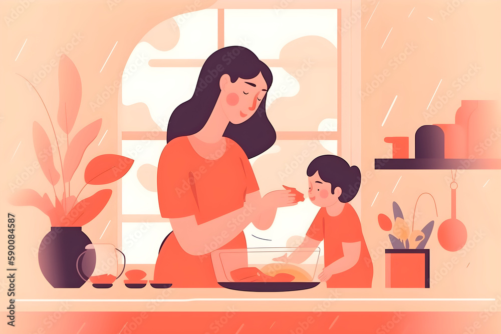 Mother's Day flat illustration with a young mother, helping her child in the kitchen, warm colors, bright background. Holiday family concept. Ai generated. Mother's Day flat illustration with a young mother, helping her child in the kitchen, warm colors, bright background. Holiday family concept. Ai generated.