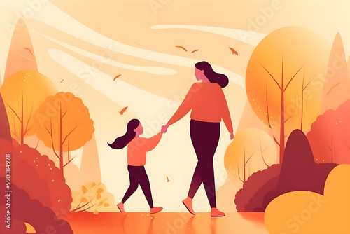 Mother's Day flat illustration with a young mother walks hand in hand with her child in the park, warm colors, bright background. Holiday family concept. Ai generated.