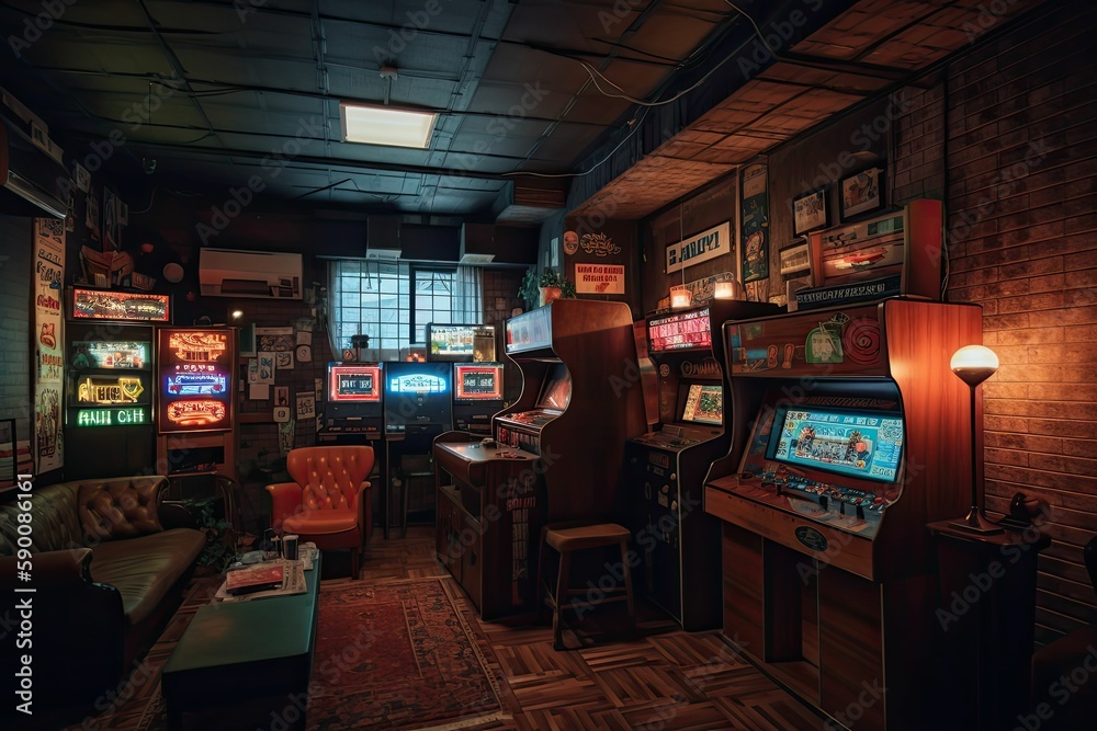 arcade machines in a games room, generative ai