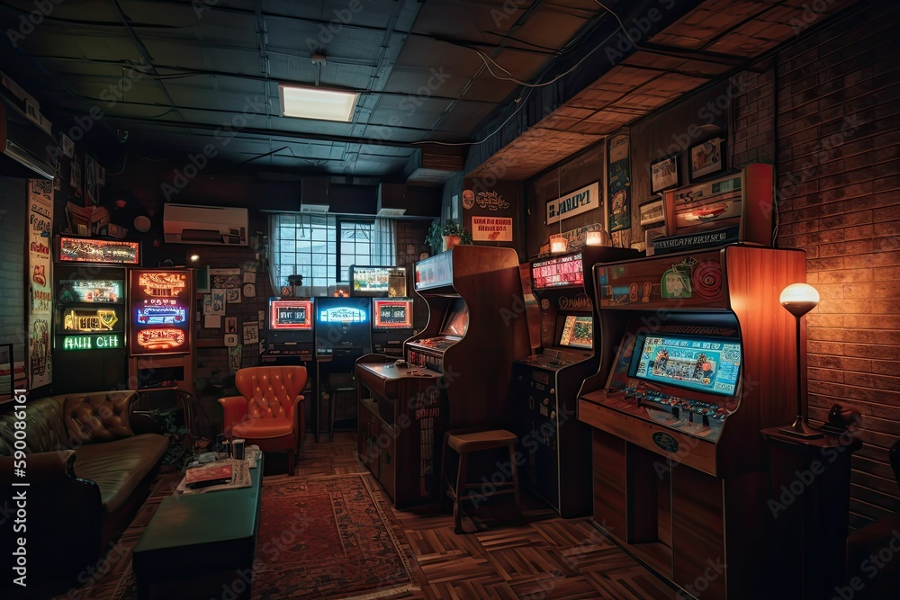 arcade machines in a games room, generative ai