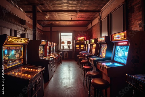 arcade machines in a games room, generative ai