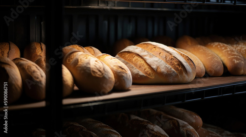 Delicious loaves of bread in a baker shop. Different types of bread loaves on bakery shelves. generative ai