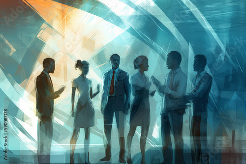 diverse multicultural group of business people meeting, teambuilding concept for efficient collaboration, Painterly futuristic illustration, generative AI
