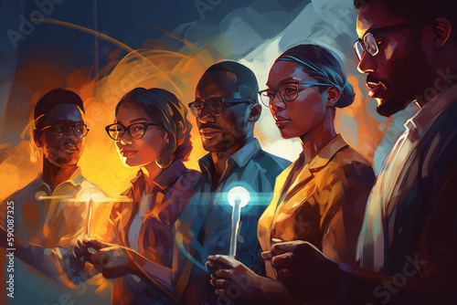 diverse multicultural group of business people meeting, teambuilding concept for efficient collaboration, Painterly futuristic illustration, generative AI