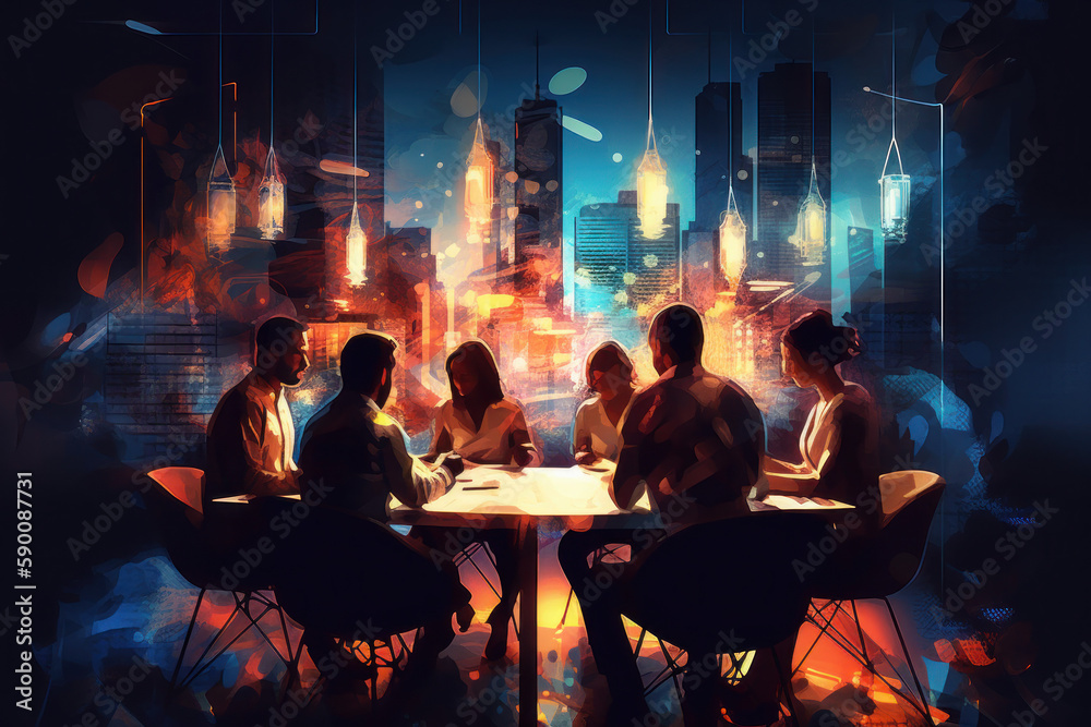 a diverse multicultural group of business people in a conference, meeting or brainstorming session, Painterly futuristic illustration, generative AI a diverse multicultural group of business people in a conference, meeting or brainstorming session, Painterly futuristic illustration, generative AI