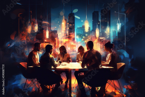 a diverse multicultural group of business people in a conference, meeting or brainstorming session, Painterly futuristic illustration, generative AI