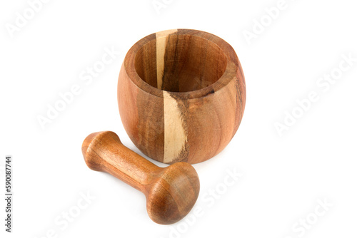 Wooden mortar and pestle isolated on white.