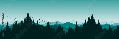 forest silhouette landscape with mountain hill nature environment vector illustration good for good for wallpaper, background, backdrop, banner, and design template