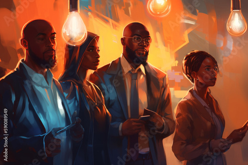 a diverse multicultural group of business people in a conference, meeting or brainstorming session, Painterly futuristic illustration, generative AI