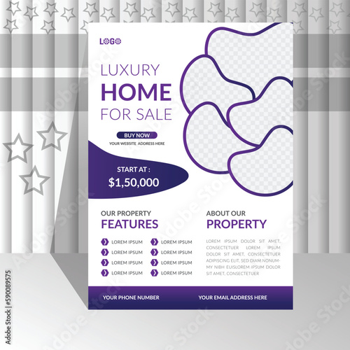 modern creative purple deep and light color gradient Professional real estate flyer design template for home housing or property business agency. Home sale advertisement a4 size half page poster