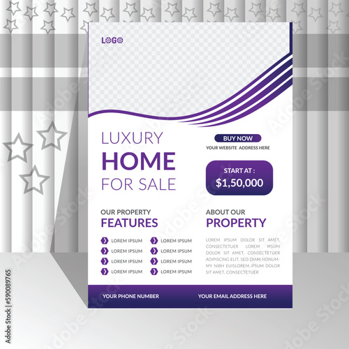modern creative purple deep and light color gradient Professional real estate flyer design template for home housing or property business agency. Home sale advertisement a4 size half page poster