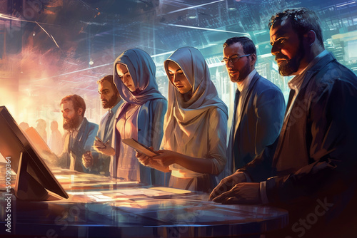 Illustration of a diverse multicultural group of business people in a conference, meeting or brainstorming session, Painterly futuristic illustration, generative AI