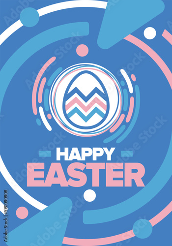 Happy Easter in April. Christian spring holiday in honor of the resurrection of Christ. Biblical history. Traditional dyeing eggs with patterns, fun game for children searching for easter eggs. Vector