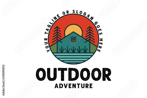 Circle Pine Cedar Spruce Conifer Hemlock Cypress Evergreen Fir Trees Forest with Tent for Outdoor Camp Scout Logo