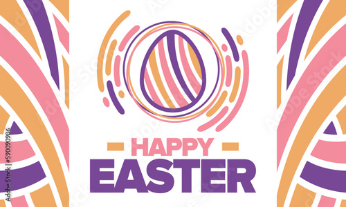 Happy Easter in April. Christian spring holiday in honor of the resurrection of Christ. Biblical history. Traditional dyeing eggs with patterns, fun game for children searching for easter eggs. Vector