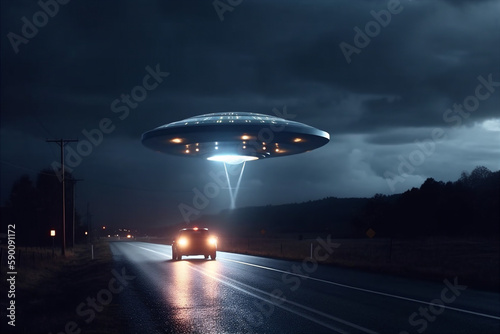 UFO floating above roadway with car at midnight. Bright light beams car. AI generated