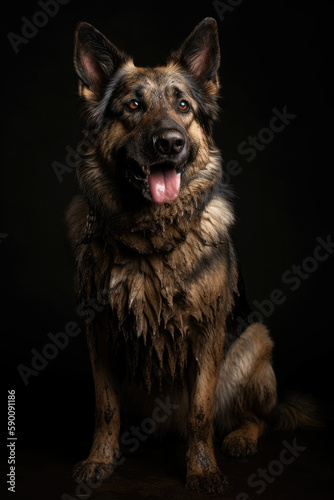 German Shephered dog covered in mud portrait  AI generated image