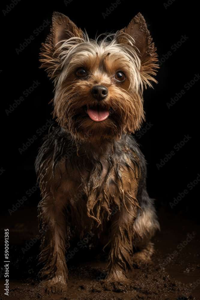 Yorkie dog covered in mud portrait, AI-generated image