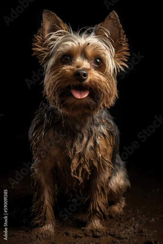 Yorkie dog covered in mud portrait, AI-generated image © Pixalana