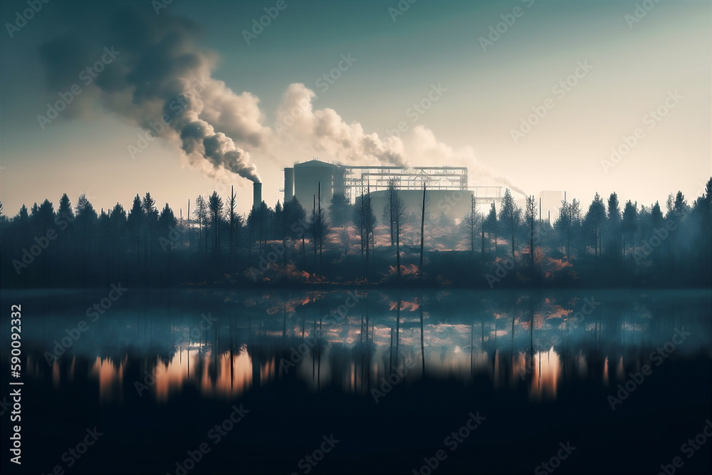 Factory smoke covering pine forest, double exposure. AI generated