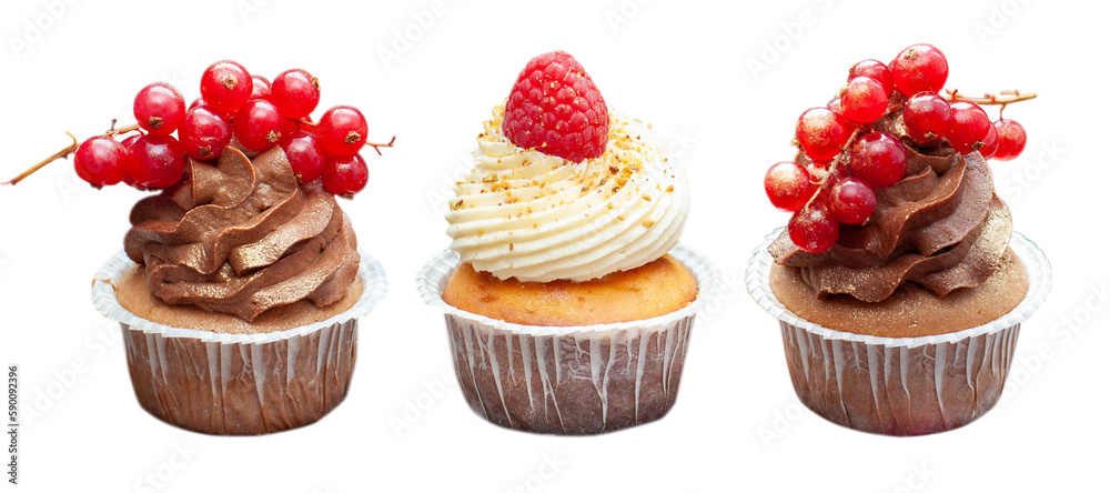Chcocolate and vanilla cupcakes isolated on white background with fresh berries on top Chcocolate and vanilla cupcakes isolated on white background with fresh berries on top