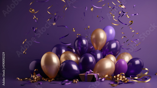 Celebration purple background with purple, gold balloons, gifts and confetti. AI generated