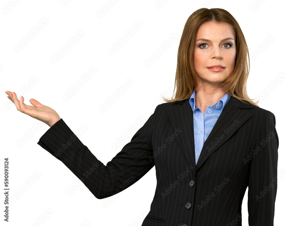 Portrait of a beautiful young businesswoman pointing with hand on a white background Portrait of a beautiful young businesswoman pointing with hand on a white background