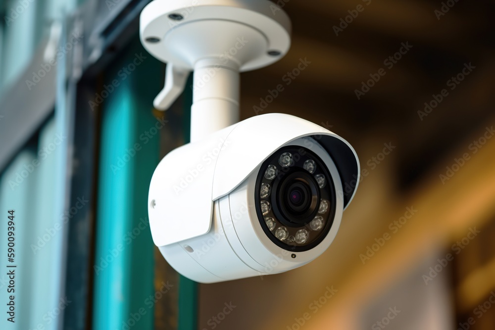 Close up shot of smart surveillance camera connected to security system in store. Generative AI Close up shot of smart surveillance camera connected to security system in store. Generative AI