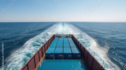 Front view from bow of a large blue shipping container ship in the ocean. Neural network AI generated art