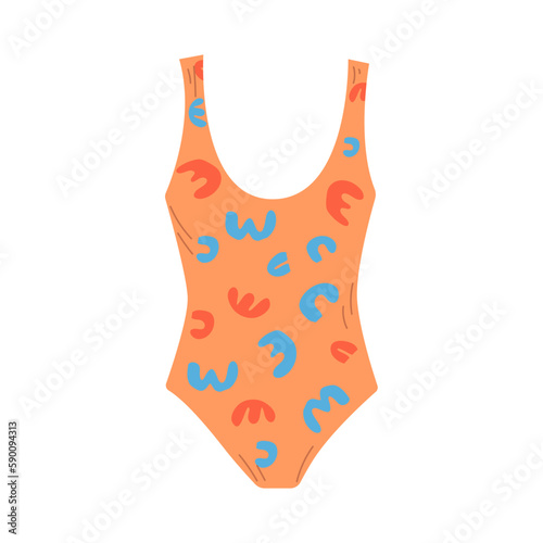 Female one piece swimsuit. Stylish orange swimwear with abstract pattern. Flat hand drawn colorful vector illustration isolated on white background.