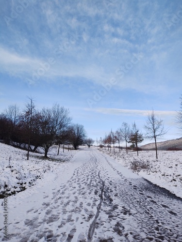 People footprints and steps in the snow, chaotic. Slovakia