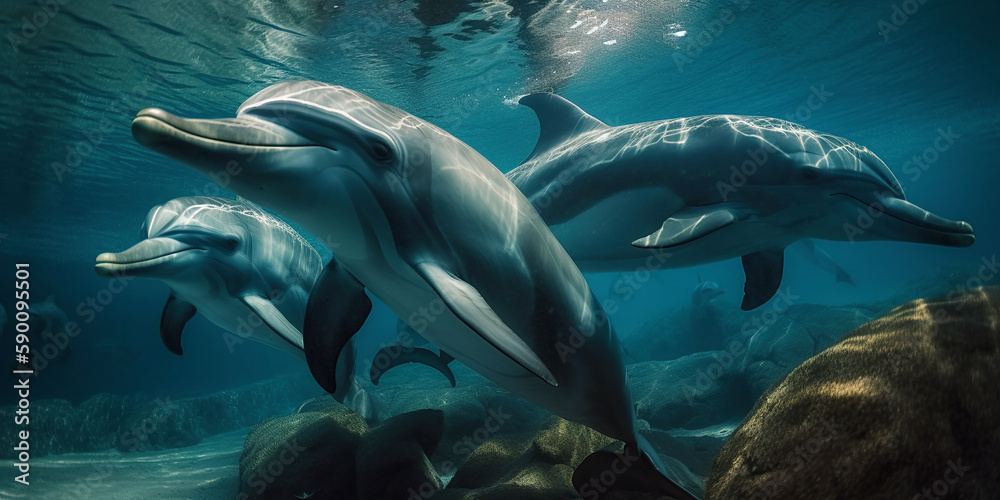Friendly dolphins underwater scene. Marine wild animals illustration. Web banner template. Generated with ai.