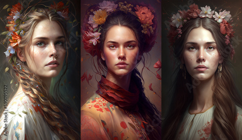 Beautiful women with blossoms in hair, art noveau style. Fictional characters created with Generative AI.
