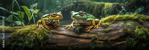 Valokuva Beautiful header for website about wildlife and nature with beautiful close up exotic frogs sitting on mossy log in tropical forest