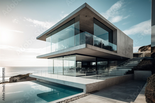 Modern home with sea view. AI generated