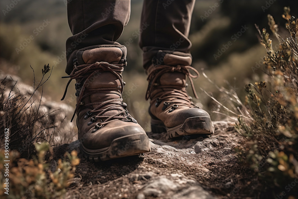 Man hiking up mountain trail. AI generated Man hiking up mountain trail. AI generated