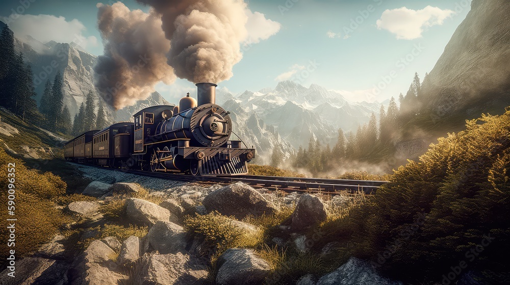 Fototapeta premium A steam train is making its way through the picturesque scenery of the Swiss Alps, providing a scenic and nostalgic travel experience for passengers. Generative AI