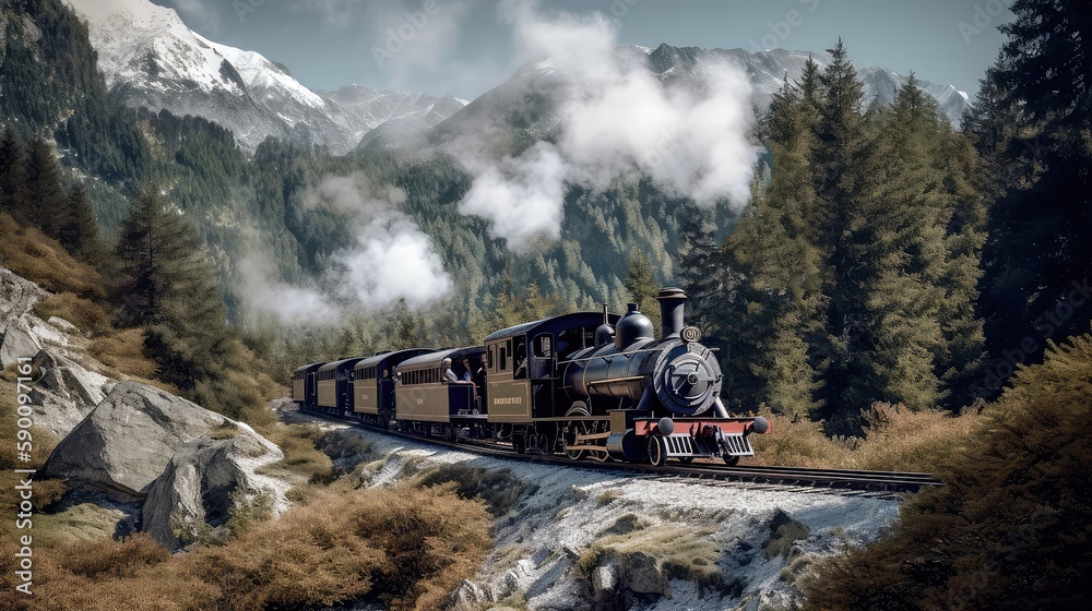 Obraz premium A steam train is making its way through the picturesque scenery of the Swiss Alps, providing a scenic and nostalgic travel experience for passengers. Generative AI